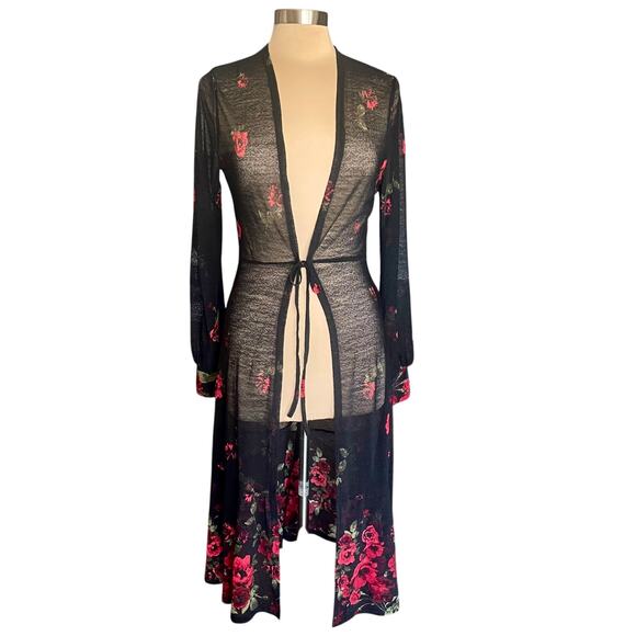 Ember Black Mesh Longline Cardigan Rose Print MED Whimsigoth Vamp Fairy Grunge - Picture 1 of 9